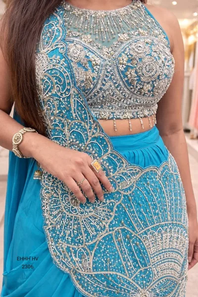 Bebo Blue Leafy Drape Pre-draped Indo-Western Rangoli Silk Lehenga Set